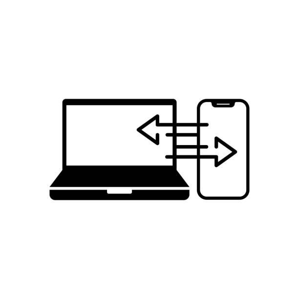 ilustrações de stock, clip art, desenhos animados e ícones de data synchronization between laptop and smart phone. synchronization icon. smartphone, notebook. - order repairing telephone change