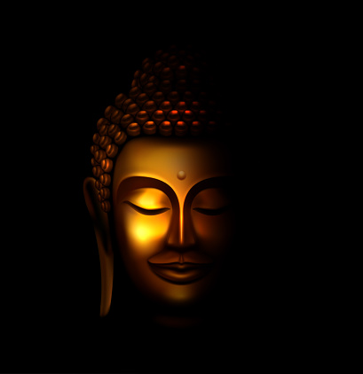 Illustration of Smiling Golden Buddha Face in the Dark and Light Illuminated