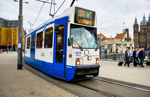 Amsterdam / Netherlands - October 15, 2018: Amsterdam tram in front of the Amsterdam Centraal Station, Netherlands