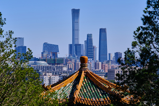 Beijing / China - October 8, 2018: Skyscrapers of Central business district in downtown Beijing, view from Jingshan Park, Prospect Hill, in central Beijing, China