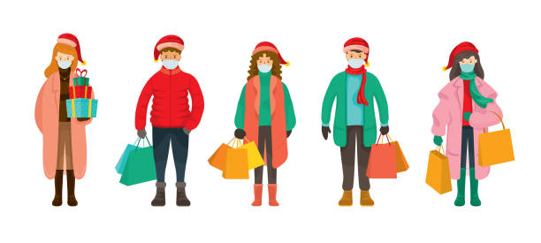 ilustrações de stock, clip art, desenhos animados e ícones de people in winter clothes wearing face mask, christmas shopping concept - scarf hat green glove