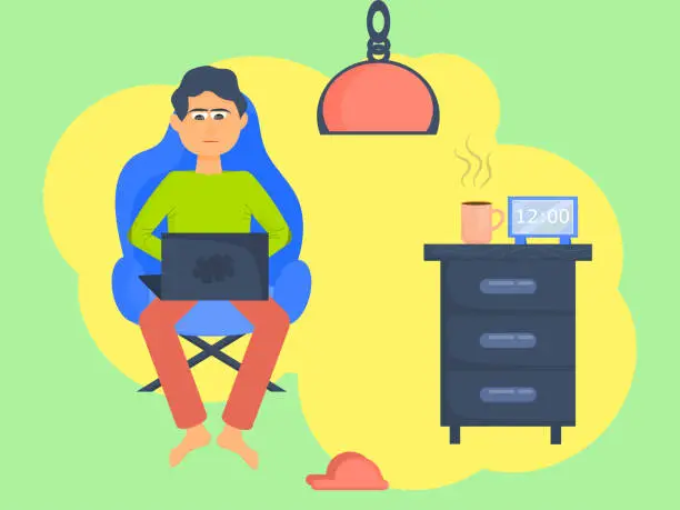 Vector illustration of Concept Of Remote Freelance Work. The freelancer is focused on working on a laptop. Near a cafe and cozy Slippers. Vector illustration..