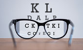 Eyeglasses during optometric examination concept with wooden table, Glasses on table and alphabet letter front view.