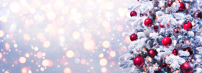 Merry Christmas - Fir Tree With Red Baubles With Shiny Bokeh Lights