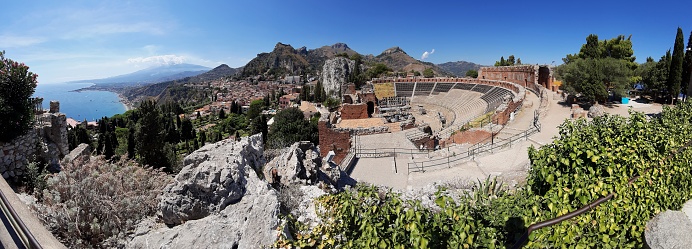 Taormina, Sicily, Italy - August 28, 2020: Panoramic photo from the Greek theater