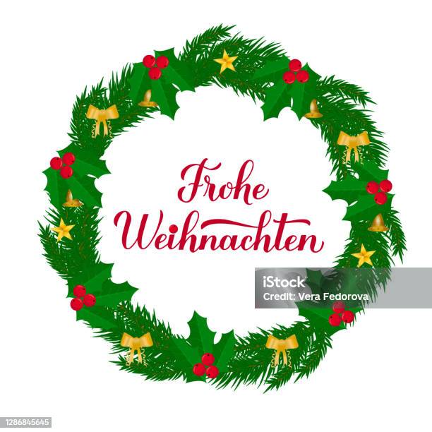 Frohe Weihnachten Kaligrafii Strony Napis Z Wieńcem Gałęzi Jodły Plakat Z Wesołą Świąteczną Typografią W Języku Niemieckim Łatwy Do Edycji Szablon Wektorowy Do Kart Okolicznościowych Banerów Ulotek Naklejki Itp - Stockowe grafiki wektorowe i więcej obrazów Boże Narodzenie