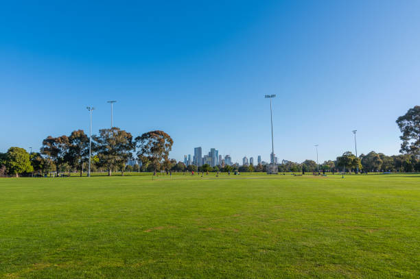 princes park in carlton, mit der skyline von melbourne - melbourne skyline city australia stock-fotos und bilder