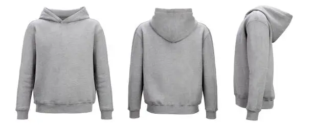 Photo of Grey hoodie template. Hoodie sweatshirt long sleeve with clipping path, hoody for design mockup for print, isolated on white background.