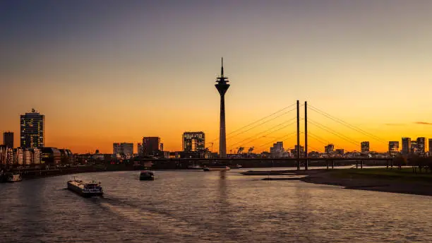 Sunset in Düsseldorf - You See the Rheinkniebrücke and Rheinturm