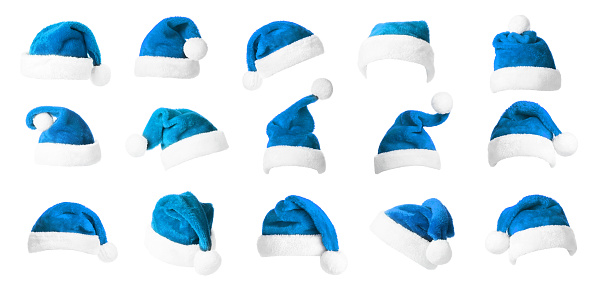 Set of Blue Santa Claus Hats isolated on white background. New year celebration. Christmas objects