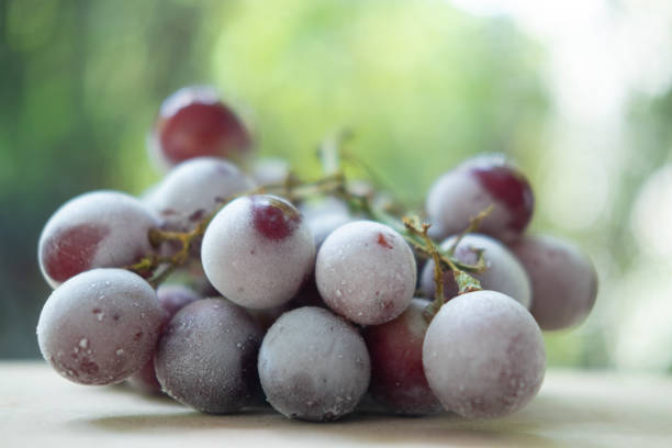 Frozen grape on wood table. Selective focus Frozen grape on wood table. Selective focus frozen grapes stock pictures, royalty-free photos & images
