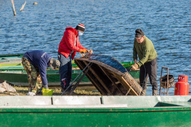 hommes réparant un bateau sur le danube le matin. les pêcheurs rangent et réparent leur bateau - boathouse work tool equipment old photos et images de collection