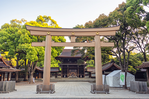 2023-11-12 Fushimi Inari, Kyoto, Japan. Red traditional Japanese gate under white sky