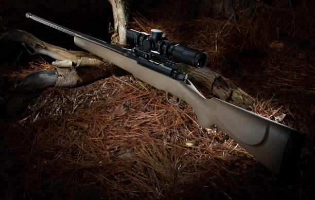 istock Bolt-action rifle with a scope in the woods 1286855707