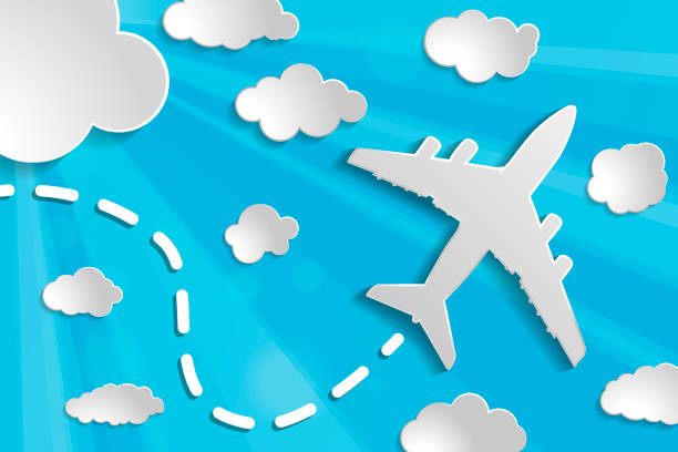 istock paper airplane with paper clouds and light beams with sun rays o 1286856135