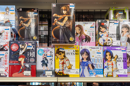 Tokyo / Japan - October 21, 2017: Packs of playing cards featuring anime characters at Card World Akiba, a huge trading card shop with all kinds of cards in Akihabara district of Tokyo, Japan