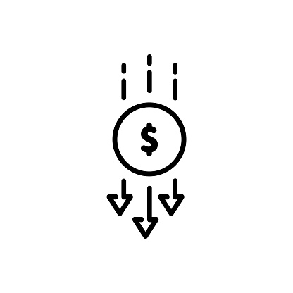Dollar rate decrease vector line icon. Money symbol with down arrow. Money crisis icon. Lower cost icon. Business lost crisis decrease. Vector illustration