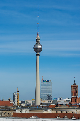 Berlin / Germany - March 3, 2017: Berliner Fernsehturm, Berlin TV tower, iconic symbol of Berlin