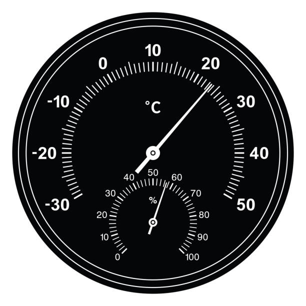 아날로그 다이얼 온도계 습도계. 측정기. 실루엣 벡터 - thermometer hygrometer work tool accuracy stock illustrations