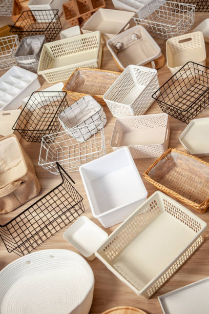 istock Flat lay of Marie Kondo's storage boxes, containers and baskets with different sizes and shapes 1286861852
