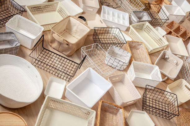 istock Flat lay of Marie Kondo's storage boxes, containers and baskets with different sizes and shapes 1286861966