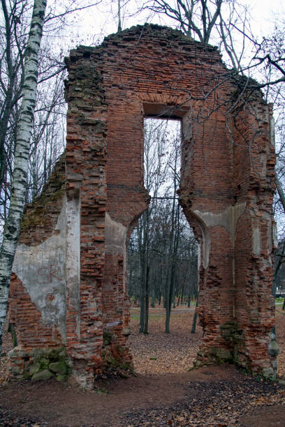 istock Ruins of an ancient palace in the old park. A structure destroyed by time. Fall. Cloudy November 1286862101