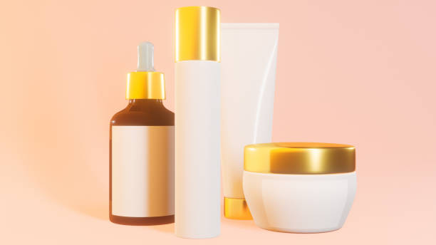 istock cosmetic jars with gold inserts on a pastel pink background, banner, mockup 1286862330