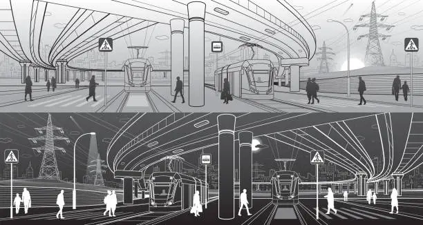 Vector illustration of City scene. Automobile bridge, overpass. Tram rides. People walk at street. Night city on background. Electric transport. Power line. Outline vector infrastructure illustration. White and gray lines.