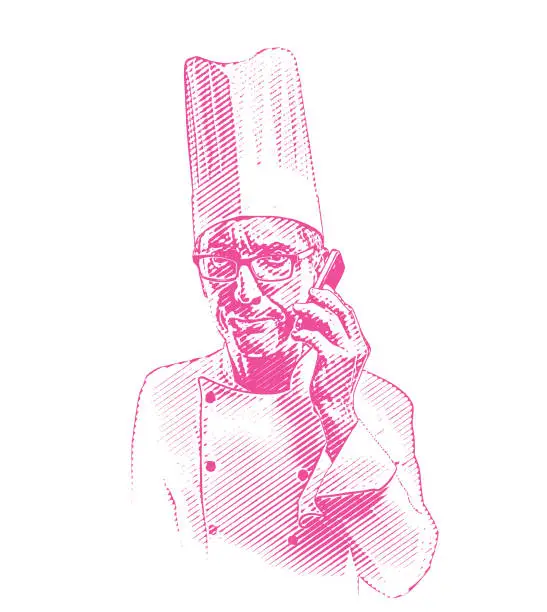 Vector illustration of Frustrated chef using mobile phone