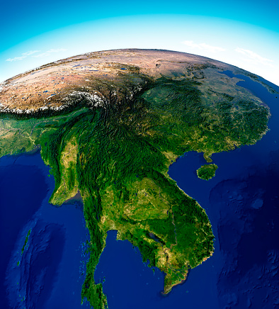 Globe map of Asia, satellite view, geographical map, physics. Cartography, relief atlas. 3d render. Thailand, Laos, Cambodia, China. Element of this images are furnished by Nasahttps://visibleearth.nasa.gov/images/73801/september-blue-marble-next-generation-w-topography-and-bathymetry/73812l