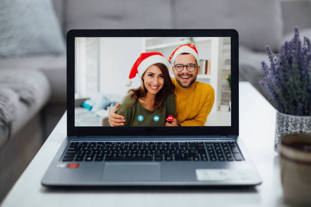 istock Young Caucasian couple on a video chat laptop screen 1286871137
