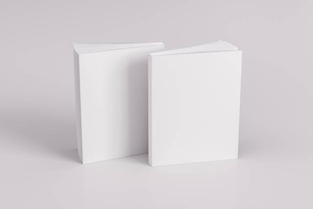 istock Two softcover or paperback vertical white mockup books standing on the white table. Blank front and back cover 1286874747