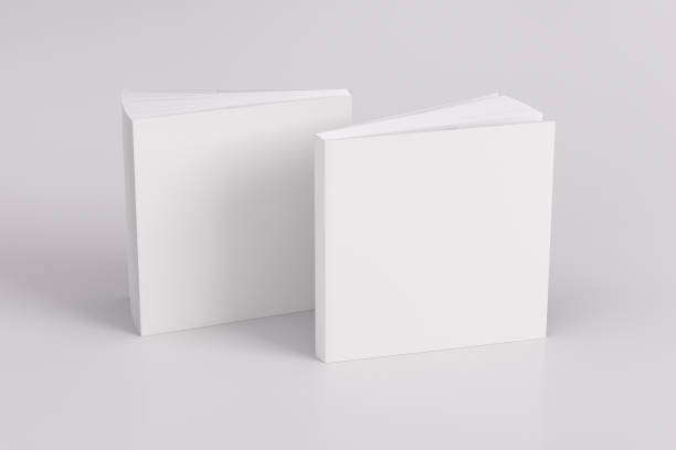 istock Two softcover or paperback square white mockup books standing on the white background. Blank front and back cover. 1286875730