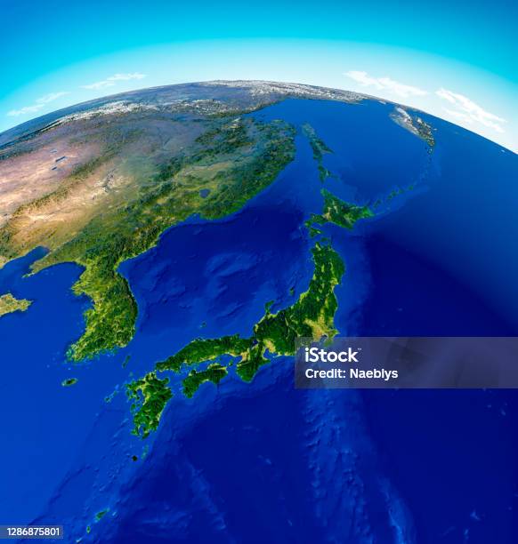 Globe Map Of Japan North Korea And South Korea Physical Map Asia East Asia Map With Reliefs And Mountains Satellite View Stock Photo - Download Image Now