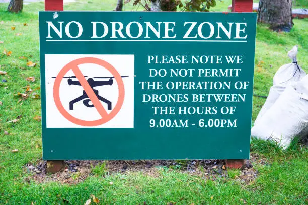 Photo of No drones zone sign at tourist area Scotland