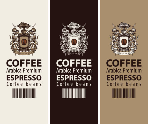 ilustrações de stock, clip art, desenhos animados e ícones de coffee labels with coat of arms and barcode - old fashioned horizontal black coffee cup