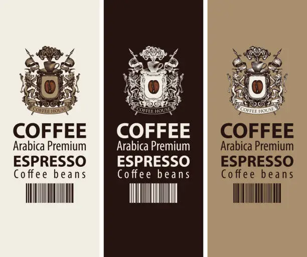 Vector illustration of coffee labels with coat of arms and barcode