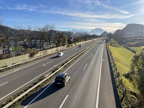 Koblach, Vorarlberg, Austria, 2020. Cars drivin on the highway through the Rheintal connecting Bregenz and Feldkirch.