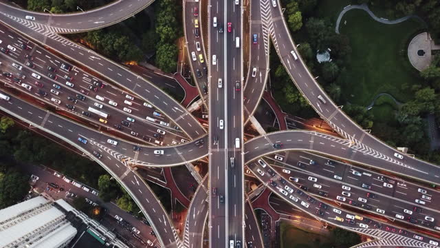 Drone Point View of Overpass and City Traffic at Dusk