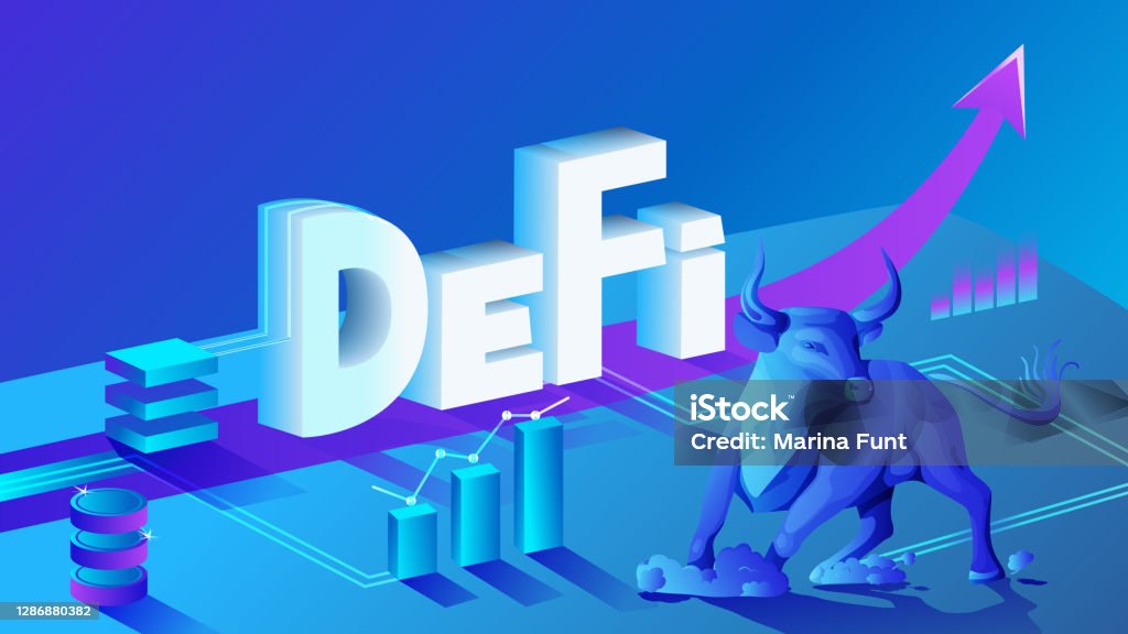 Vector illustration isometric composition of cryptocurrency and blockchain with decentralized finance defi and bull. Bullish market, charts and up arrows. Decentralized Finance stock vector