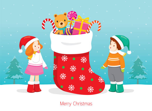 ilustraciones, imágenes clip art, dibujos animados e iconos de stock de niño y niña emocionante con gran media de navidad llena de regalos - falling candy christmas candy cane