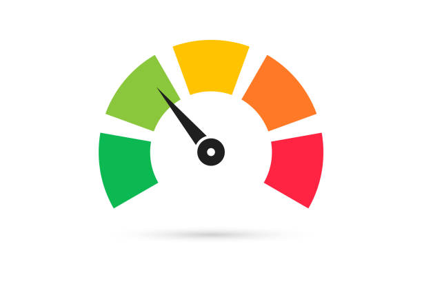 skalieren sie mit dem pfeil. bunte tachometer, tachometer oder messgerät. zufriedenheit auf niveau. credit score indikatoren. farbige infografiken. - niedrig stock-grafiken, -clipart, -cartoons und -symbole