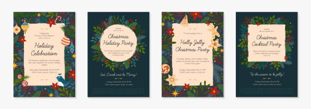 ilustrações de stock, clip art, desenhos animados e ícones de bundle of christmas and happy new year party invitations templates - convite
