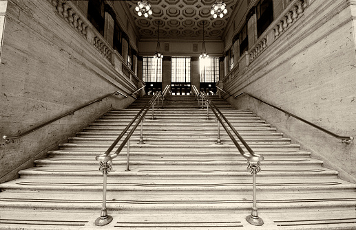 Staircase, Union Station, Chicago, USA. Sepia toned.