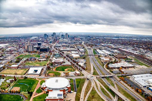 Wide angle aerial view of the downtown and surrounding region of St. Louis, Missouri from an altitude of about 1000 feet.
