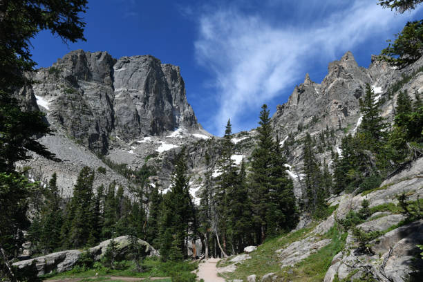 Hiking in the Rocky Mountains, Colorado, USA. Emerald Lake Trail runs through spruce forested valley between the Nymph Lake and Emerald Lake. Vertical slopes of the Hallett Peak (12,720 ft /3,877 m) in the background. rocky mountain national park photos stock pictures, royalty-free photos & images