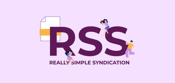 illustrazioni stock, clip art, cartoni animati e icone di tendenza di rss syndication davvero semplice. tecnologie di programmazione e codifica aziendale e software web. - really simple syndication