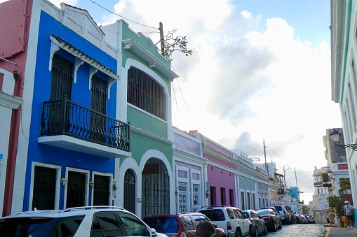 01/18/2020 San Juan Puerto Rico -Colourful colonial architecture of a narrow cobblestone street in Old San Juan, Puerto Rico