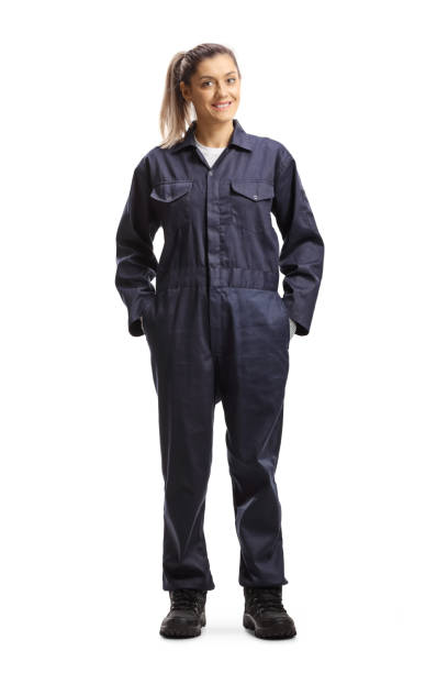 Full length portrait of a female worker in an overall uniform Full length portrait of a female worker in an overall uniform isolated on white background jumpsuit stock pictures, royalty-free photos & images