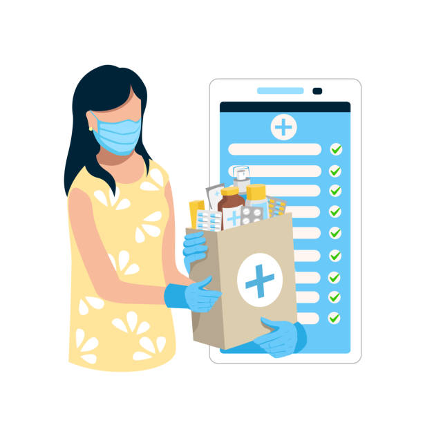 ilustrações de stock, clip art, desenhos animados e ícones de flat vector illustration of online pharmacy - note pad medicine healthcare and medicine pharmacy